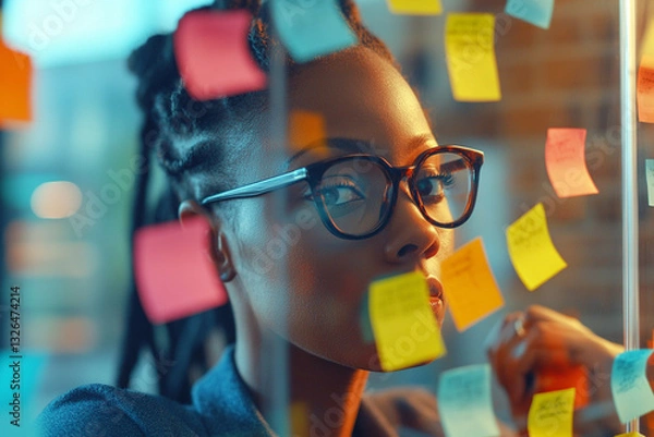 Fototapeta Professional Diverse business team engaging in innovative brainstorming session with colorful sticky notes on glass wall. Creative professionals sharing, discussing, and visualizing ideas using des...