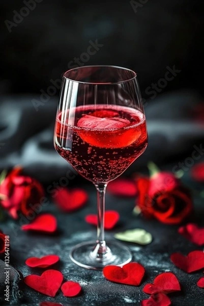 Obraz Glass of red wine and rose petals. Selective focus.