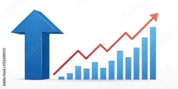Fototapeta Business development and dynamic growth for success. Visual representation of growth with upward arrows and bar graphs in blue and red colors.