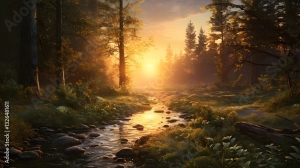 Fototapeta A river with a sun shining on it