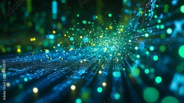 Obraz Abstract Digital Data Stream with Blue Lights, Abstract image of a digital data stream with blue lights on a dark background