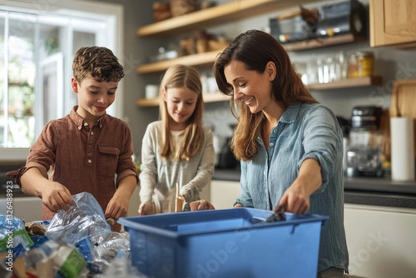 Fototapeta Professional Happy Family Cooking Together: Parents and Children Enjoying Meal Kit Delivery Service in Kitchen, Following Recipe on Digital Tablet - Modern