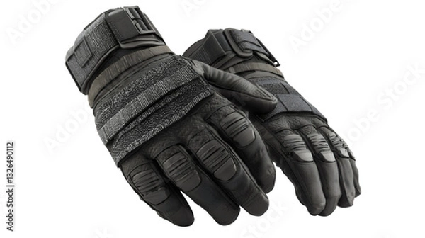 Fototapeta A pair of black tactical gloves with reinforced knuckle padding and cut-resistant fabric, providing maximum protection and grip for law enforcement and self-defense.