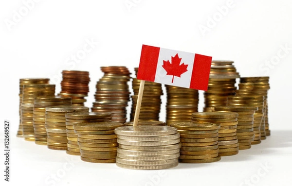 Fototapeta Canada flag waving with stack of money coins