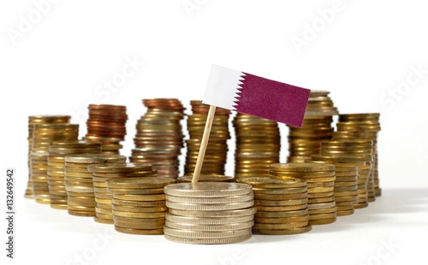 Obraz Qatar flag waving with stack of money coins