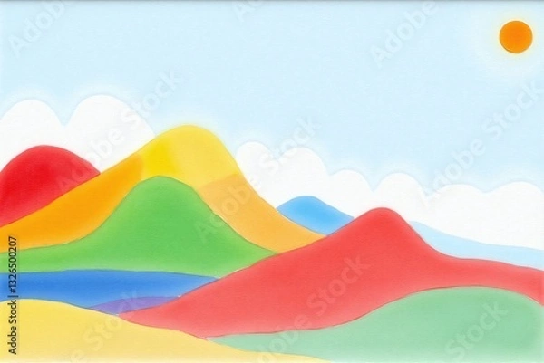 Fototapeta painting of a mountain range with a sun in the sky
