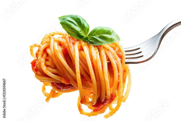 Fototapeta A fork holding spaghetti with tomato sauce and basil against a white background in a close up shot