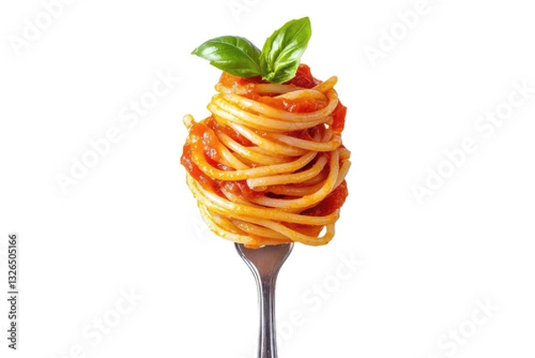 Fototapeta A single fork holding a twirled portion of spaghetti with tomato sauce and basil on a white background