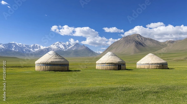 Fototapeta panoramic view of traditional yurts in vast green landscape, surrounded by majestic mountains and clear blue sky, evokes sense of tranquility and connection to nature