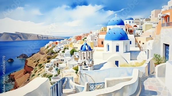 Fototapeta Traditional Greek Village Scene with Buildings and Clean Lines in Watercolor