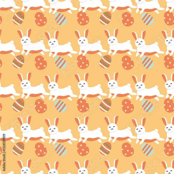 Fototapeta Happy easter patterns with bunnies and decorated eggs for festive designs.