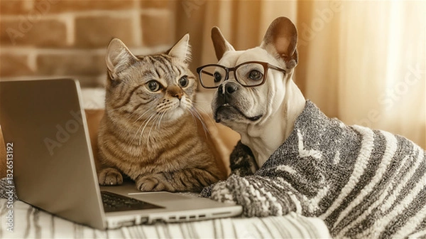 Fototapeta Cat and dog with laptop together on cozy bed. Tabby cat and French bulldog in comfortable indoor setting with computer, creating humorous pet technology concept with domestic animals.