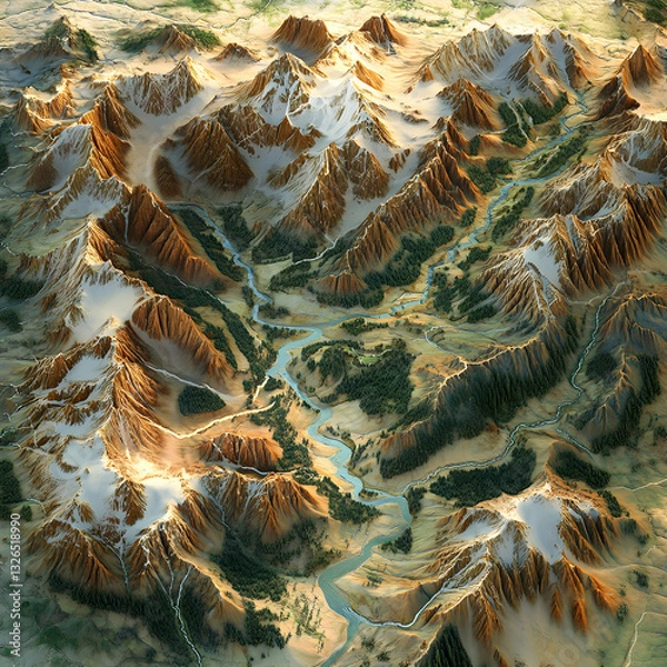 Fototapeta Detailed Topographical Landscape Showcasing Mountain Ranges, Valleys, and River System Erosion Patterns