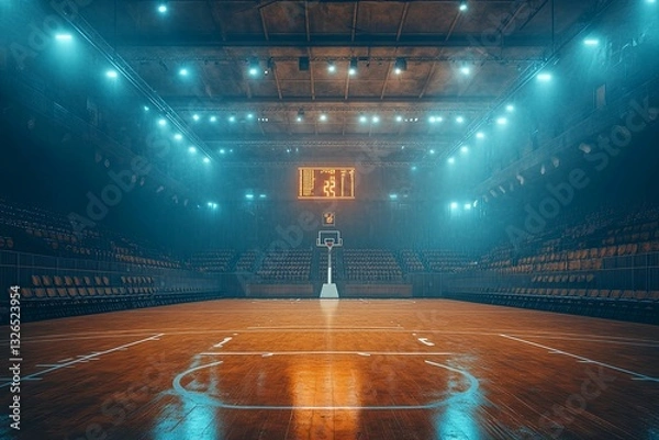 Fototapeta A basketball court is shown in an empty and illuminated arena