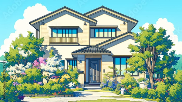 Fototapeta 洗練されたデザインの住宅｜豊かな緑に囲まれた静かな住まい｜広々とした庭がある理想の住環境｜ナチュラルな色合いが美しい戸建て住宅｜快適な暮らしを実現するモダンな一軒家｜開放的で風通しの良い住まい｜木々と花に囲まれた落ち着いた住宅｜家族が集う理想の住まい