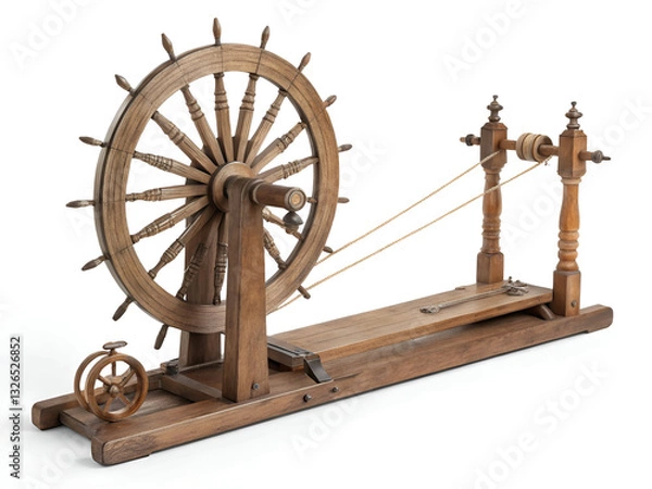 Fototapeta Traditional spinning wheel (charkha) made of wood, isolated on a white background, detailed and historical