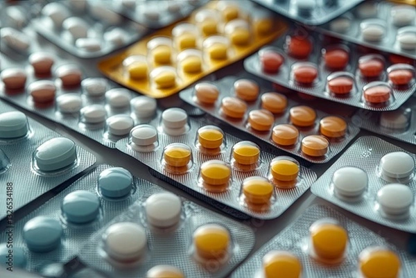 Fototapeta Assortment of colorful pills organized on a shiny surface