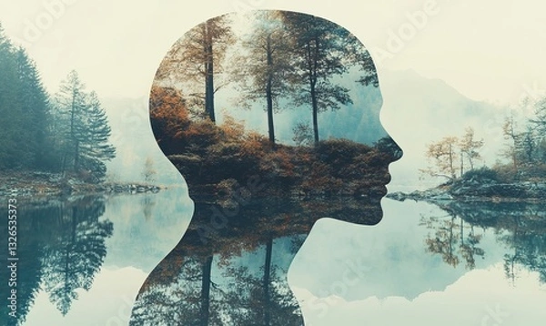 Fototapeta a creative image of a silhouette of a person's head with a landscape of trees and water inside. It is a visual metaphor for the mind and nature