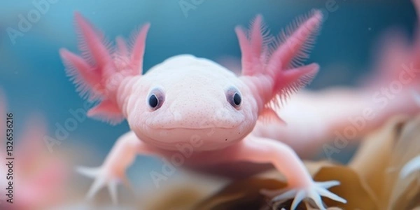 Fototapeta Unique axolotl swimming in a clear aquarium with vibrant background