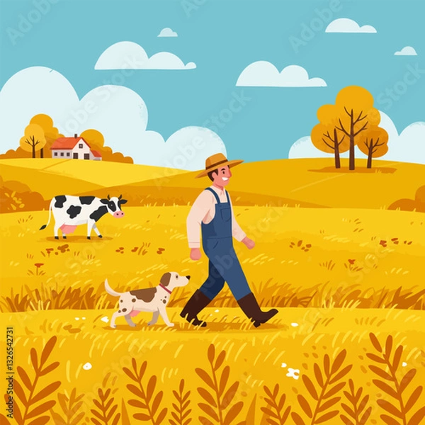 Obraz Farmer Walking with Dog on Golden Field with Cow and Farmhouse
