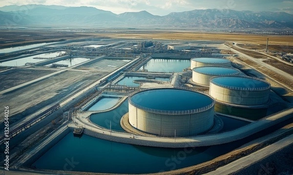 Fototapeta an industrial site featuring large water tanks and reservoirs amidst a vast, arid landscape. The image depicts a modern industrial facility, likely involved in water treatment or storage.
