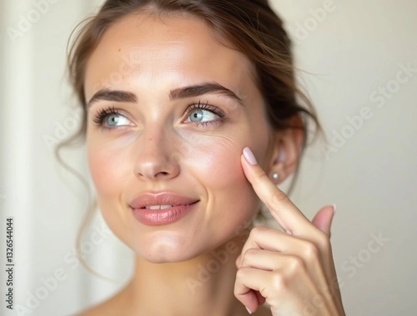 Fototapeta photo of a young European woman with a slight smile, pointing to the wrinkles on her upper eyelid with her index finger, gently touching her face with a concerned expression.