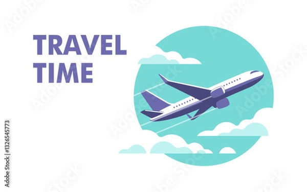 Obraz Airplane gaining altitude between clouds. Travel and vacation time. Vector illustration in a minimalistic style.