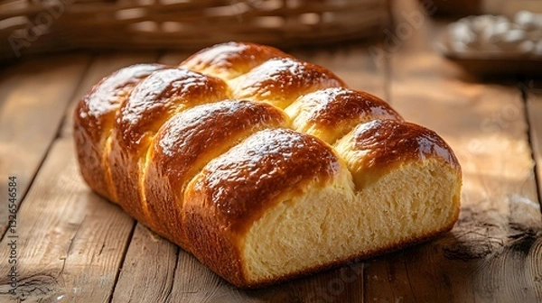 Fototapeta Freshly baked brioche loaf resting luxuriously on a wooden table evoking warmth and comfort in every slice enjoyed