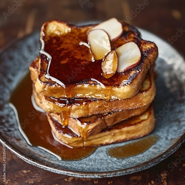 Fototapeta Tall stack of fluffy pancakes drizzled with maple syrup and garnished with sweet slices for a perfect breakfast