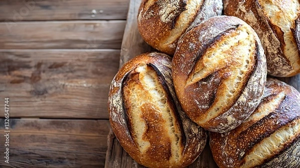 Fototapeta A beautiful display of various fresh breads on a wooden table showcasing artisan baking and rustic charm