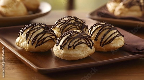Fototapeta Plate of cream puffs with irresistible chocolate drizzle and a light dusting of powdered sugar for a decadent treat