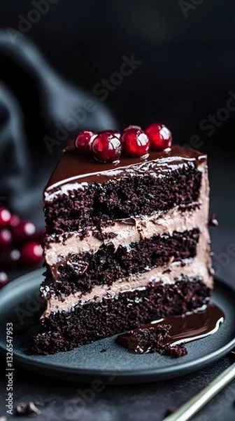 Fototapeta Decadent slice of rich chocolate cake with layers of creamy frosting and garnished with chocolate shavings