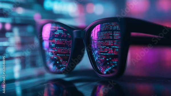 Fototapeta A tech professional working from a futuristic setup, their glasses reflecting cascading lines of code and cybersecurity data points (1)