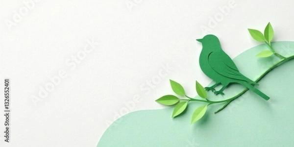 Fototapeta Serene Paper Bird Perched on a Branch with Lush Green Leaves Against a Soft White Background