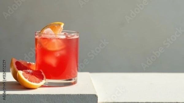 Fototapeta Refreshing Citrus Beverage with Ice Cubes in a Glass