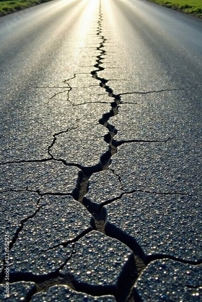 Fototapeta A long, deep fissure splits the asphalt, a stark contrast against the sunlit road ahead