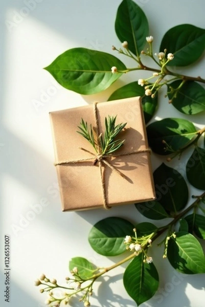 Fototapeta A thoughtfully wrapped gift, adorned with sprigs of greenery, rests gently amongst vibrant, sunlit foliage.