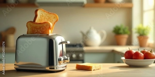Fototapeta Golden-brown toast slices popping up from a gleaming chrome toaster in a sunlit kitchen, accompanied by a piece of bread and ripe tomatoes in a bowl on a wooden countertop