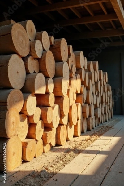 Fototapeta A sunlit stack of neatly arranged cylindrical wooden logs rests on a sandy floor within a rustic wooden structure.