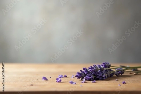 Fototapeta Aromatic Lavender Sprig Resting on a Rustic Wooden Surface Against a Neutral Background