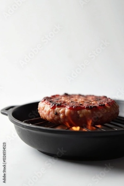 Fototapeta A sizzling patty cooking on a black skillet over an open flame, creating a delicious culinary experience.