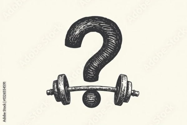 Fototapeta Intriguing Hand-Drawn Illustration Question Mark Balanced on a Barbell, Symbolizing Fitness Uncertainties