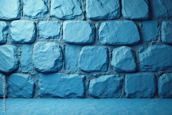 Fototapeta A serene backdrop featuring a meticulously crafted, azure-hued stone wall, perfectly complemented by a matching floor, ideal for product displays or design projects.