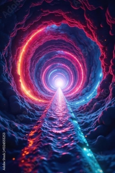 Fototapeta A luminous pathway through a swirling nebula, illuminated by vibrant rings of light, leading towards an unknown destination in a cosmic dreamscape.