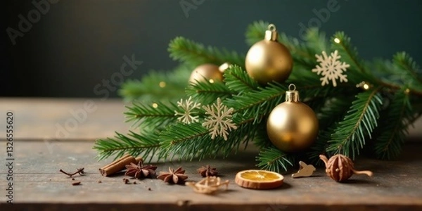 Fototapeta A Festive Arrangement of Evergreen Branches, Gilded Ornaments, and Aromatic Spices on Rustic Wood