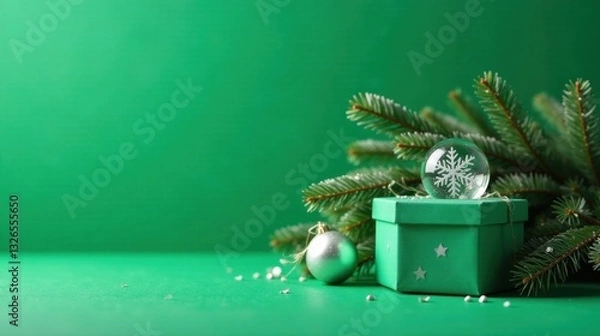 Fototapeta A Festive Green Gift Box with a Snowflake Ornament and Evergreen Branches on a Matching Surface