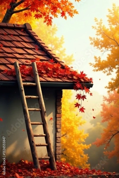 Fototapeta Autumnal Serenity A Rustic Building Adorned with Vibrant Maple Leaves and a Wooden Ladder, Bathed in the Golden Light of a Peaceful Fall Day