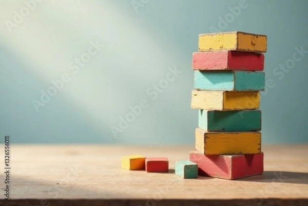 Fototapeta A stack of colorful, vintage wooden blocks sits on a wooden surface, bathed in soft sunlight, suggesting concepts of childhood memories, playful creativity, and building blocks of success.