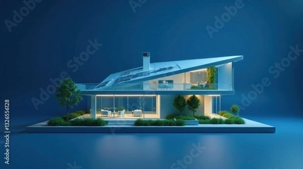 Fototapeta Modern Eco-Friendly Residence Illuminated at Nighttime Featuring Solar Panels and Lush Landscaping on a Minimalist Base