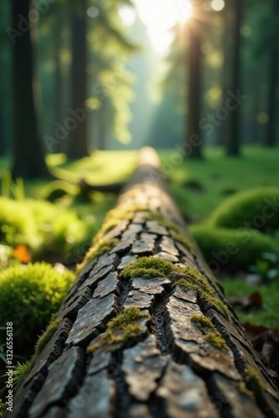 Fototapeta Sunlit Forest Path Fallen Log Covered in Moss, Leading Through a Lush Green Canopy